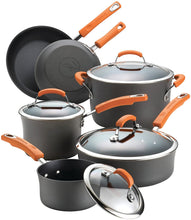 Load image into Gallery viewer, Rachael Ray 87375 Brights Hard-Anodized Aluminum Nonstick Cookware Set with Glass Lids, 10-Piece Pot and Pan Set, Gray with Orange Handles
