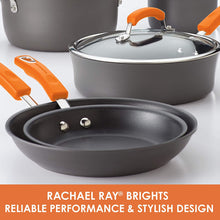 Load image into Gallery viewer, Rachael Ray 87375 Brights Hard-Anodized Aluminum Nonstick Cookware Set with Glass Lids, 10-Piece Pot and Pan Set, Gray with Orange Handles
